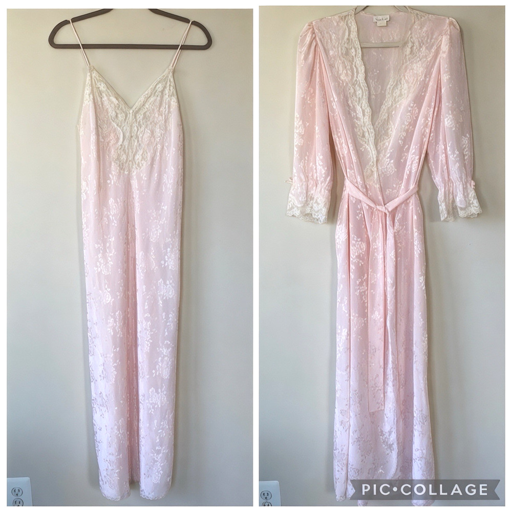 VTG Sara Beth Pink Satin & Lace Floral Slip Nightgown & Robe 2-Pc Set Romantic S
